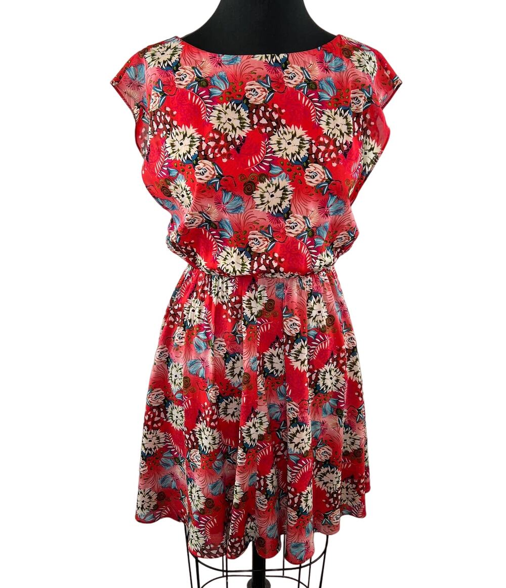 Alice + Olivia Red Floral Silk Mini Dress Flutter Cap Sleeves Crew Neck XS